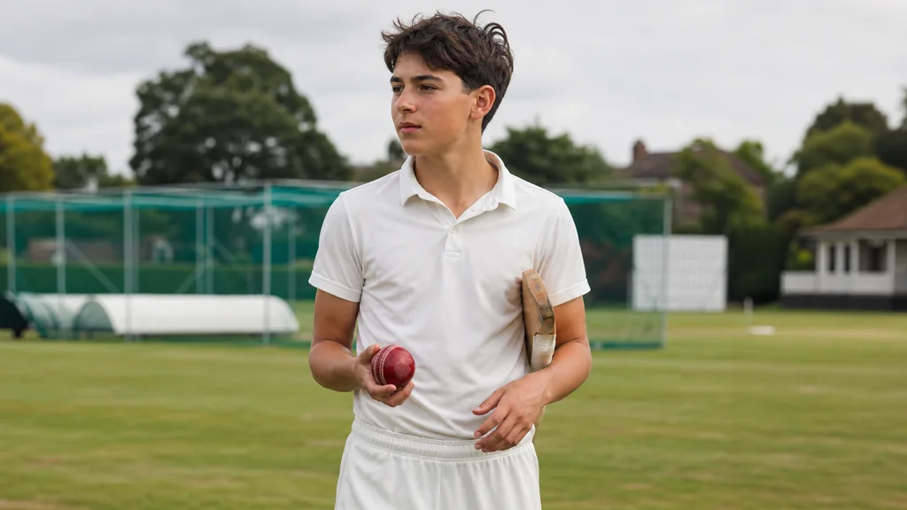 Illustrative fictional Candidate 217 holding a cricket ball and bat at a local ground