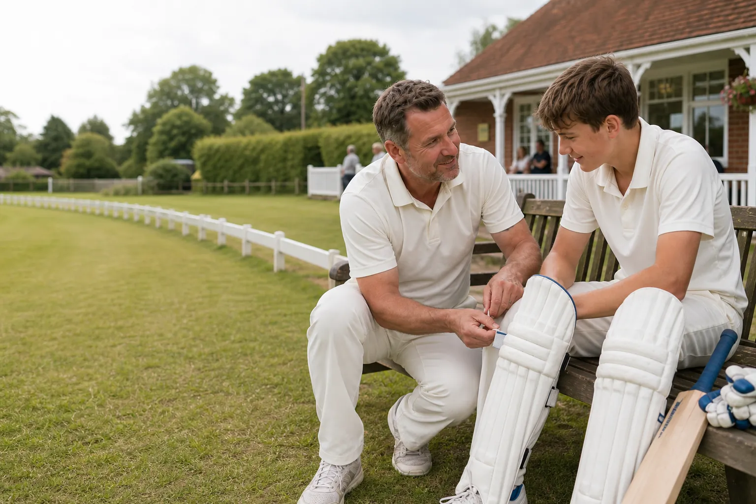 Illustrative fictional parent helping a teenage cricketer at a Derbyshire cricket pavilion
