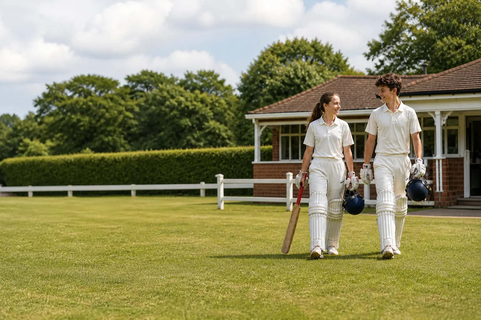 Illustrative fictional teenage cricketers walking from a Derbyshire cricket pavilion