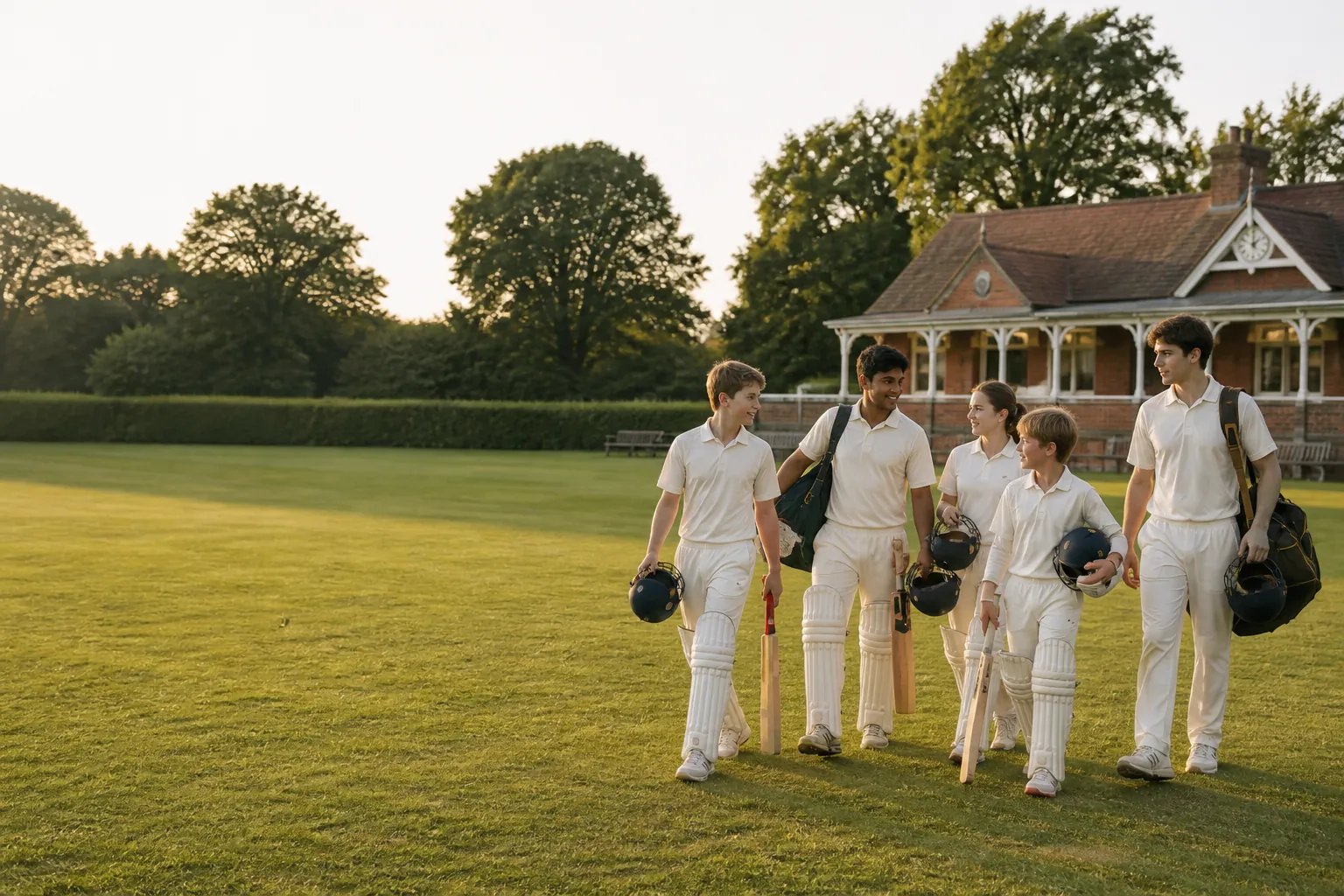 Illustrative fictional community cricketers returning to a Derbyshire pavilion